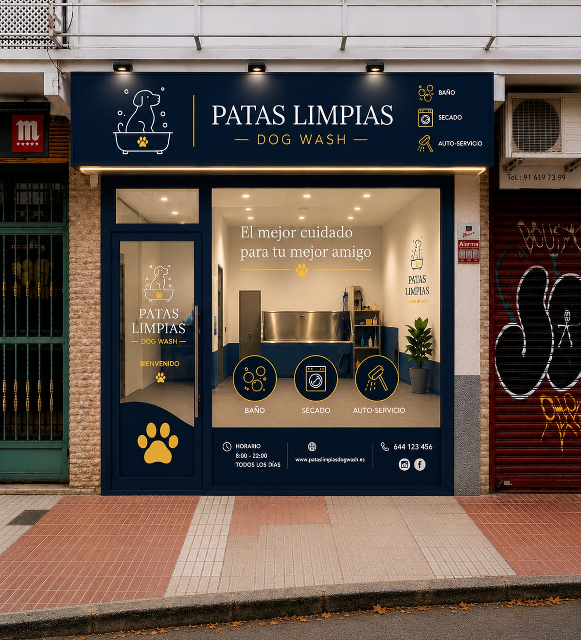 Fachada del local Patas Limpias Dog Wash en Plaza de la Coruña, 10, Alcorcón